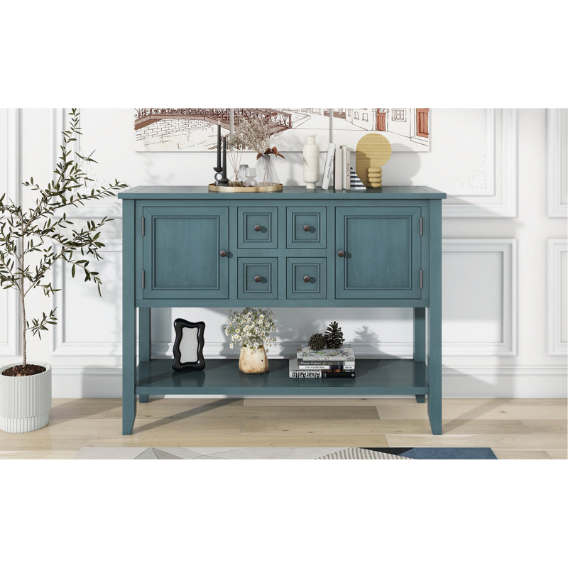 Console rétro avec quatre petits tiroirs et une tablette inférieure pour les salons, les entrées et les cuisines (bleu foncé)