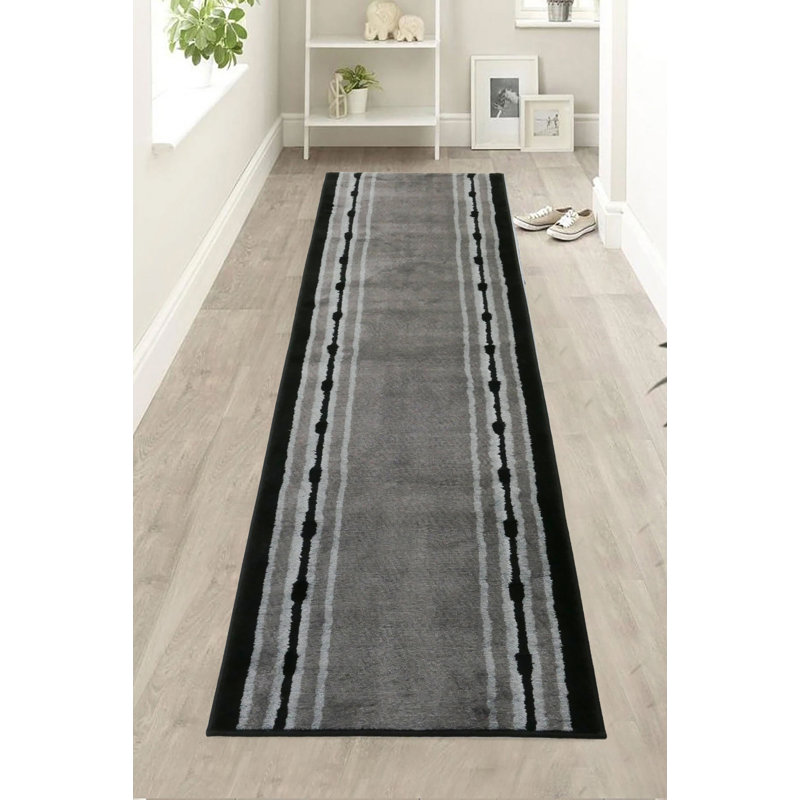 Custom Size Washable Medium Profile Anti-Slip Dot Bordered Gray Design Rug, Runner 2'2" x 5'