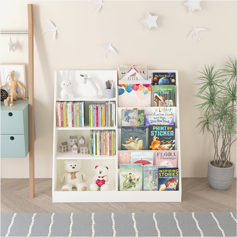 Kids Bookshelf and Toy Storage Organizer, Multifunctional 4 Tier Wooden Kids Book Shelf with  Bookcase Display Stand
