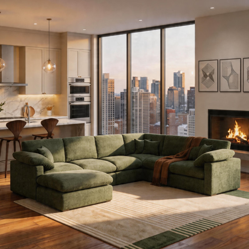 7-Piece Chenille Cloud Sectional Couches, Oversized Corner Sectional Sofa, Green, 144" W x 110" D x 34.5"H, Green