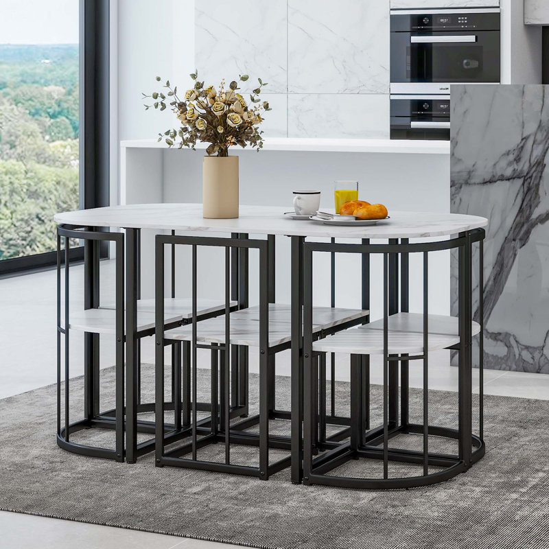 7-Piece Dining Table Set, White/Black, Black