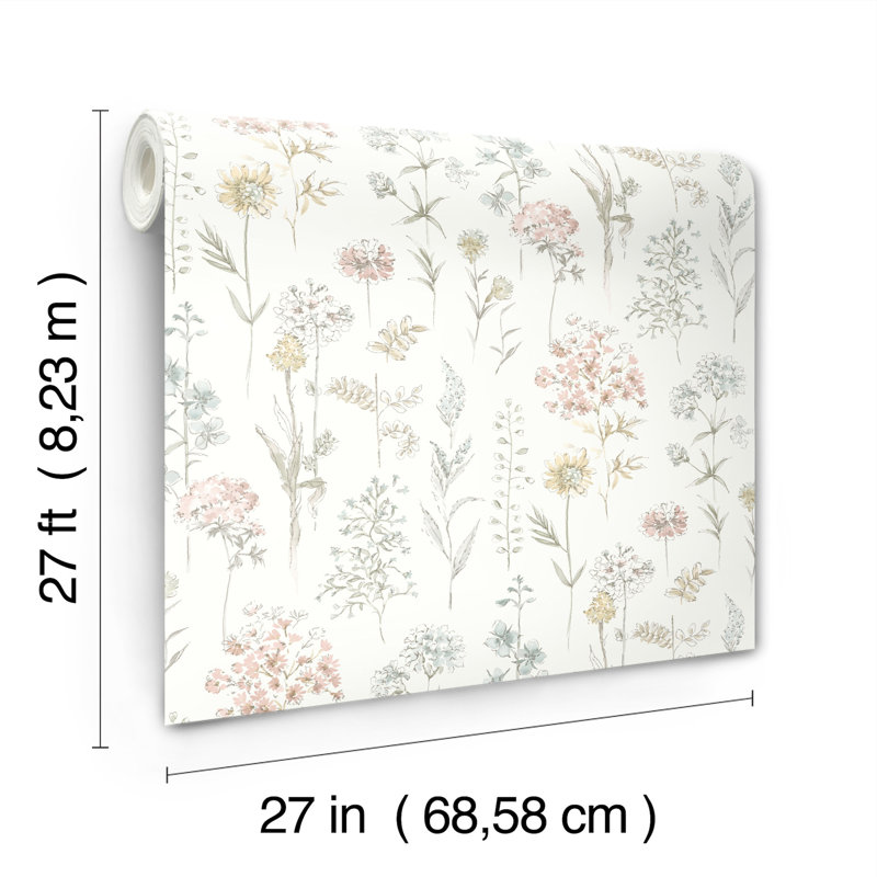 Papier peint Suzanne Country Wildflower 27 po de largeur 27 pieds de long = 60 pieds carrés, Lavande