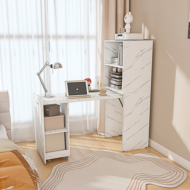 Bureau pliable avec tablettes de rangement et roues mobiles