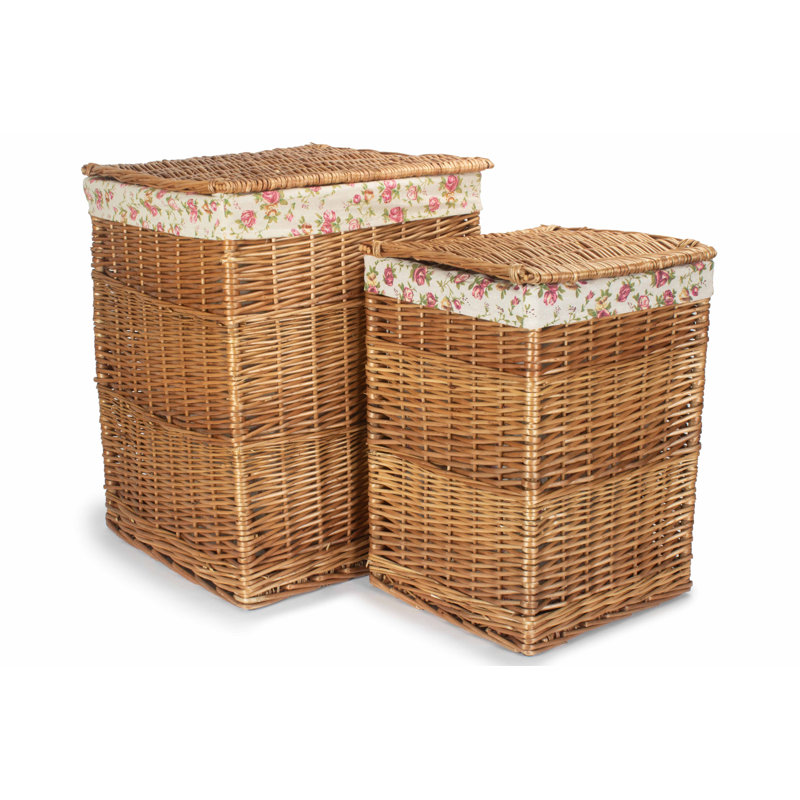 Wicker 2 Piece Lined Laundry Basket Set, Light Steamed