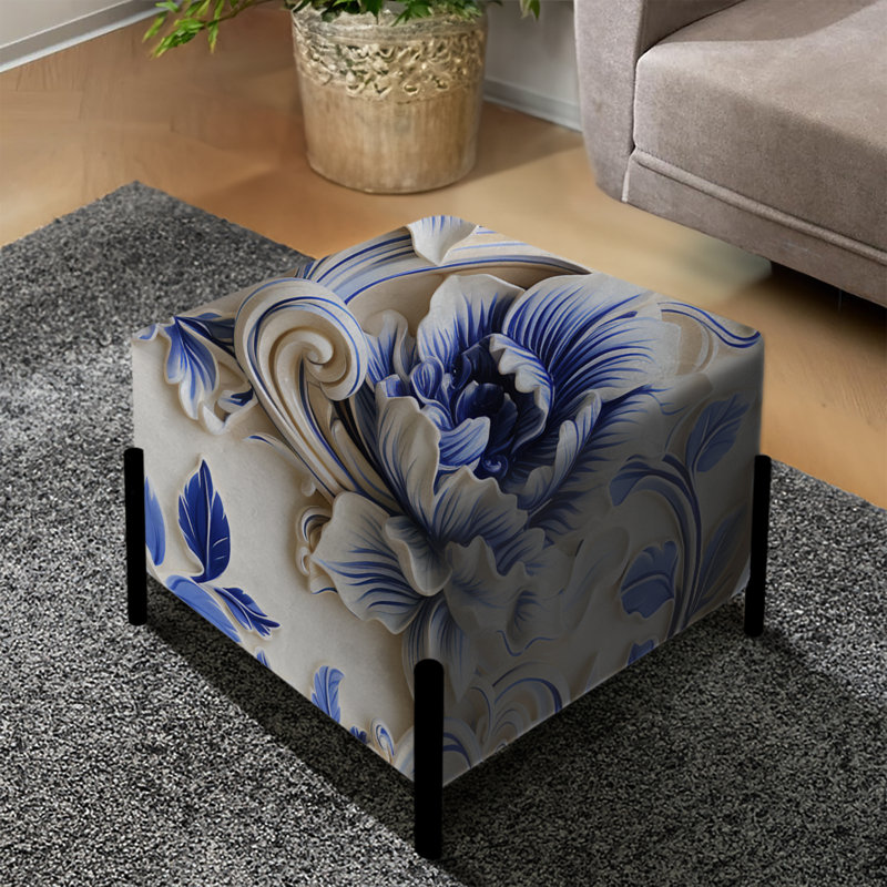 Motif victorien à volutes baroque bleu cobalt - repose-pieds carré floral