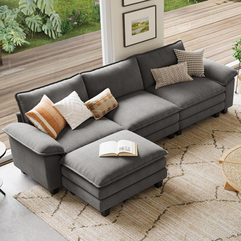 Colbey 123'' Upholstered L-shape Modular Cloud Sectional with Ottoman, Lena Gray Corduroy