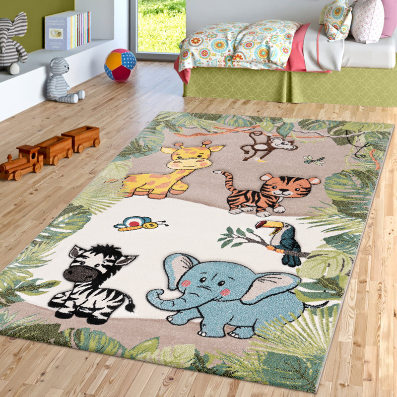 Tapis beige / vert Hille, Rond 3 pi 11 po