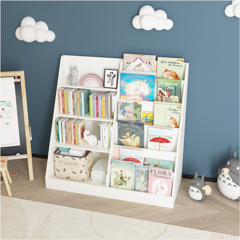 Kids Bookshelf and Toy Storage Organizer, Multifunctional 4 Tier Wooden Kids Book Shelf with  Bookcase Display Stand