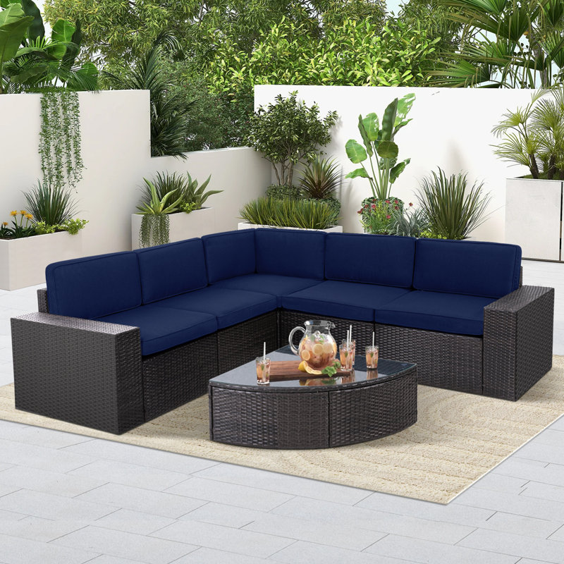 Wicker 5 - Person Modular Patio Conversation Set with Cushions, Navy Blue