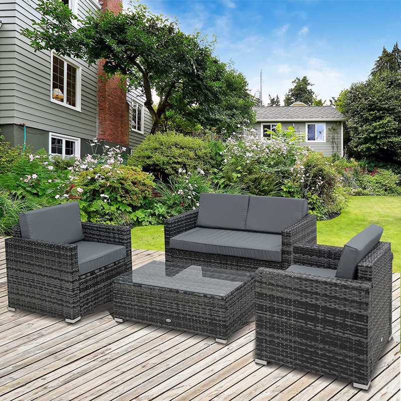 Gennett 4 Pieces Outdoor PE Rattan Sofa Set with Cushions, Mixed Grey
