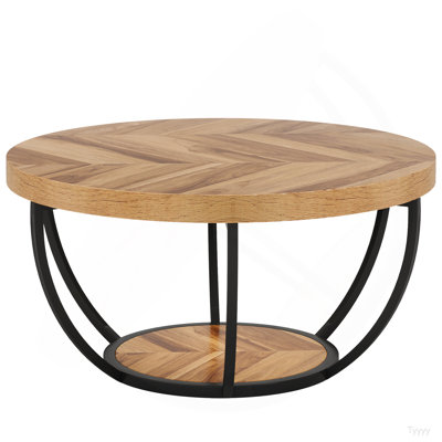 Round Coffee Table, 31.7"  Circle Coffee Table For Living Room, Modern 2-Tier Wood Accent Center Table With Storage Open Shelves, Wooden Grain And Black