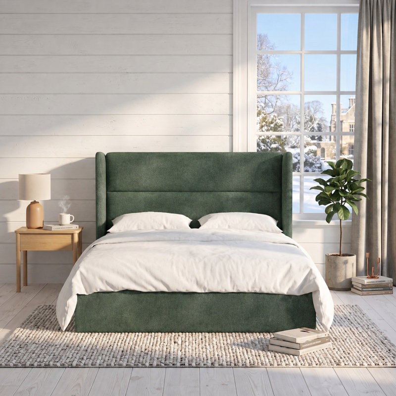 Structure de lit tapissier Annek avec rangement relevable, tête de lit à oreilles de H 40,9 po, lattes de bois et structure en métal, plusieurs tailles et options de tissu disponibles