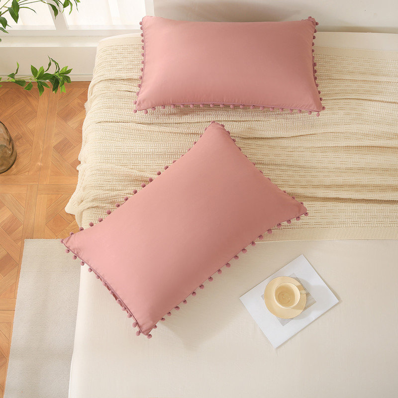 Bean Paste Pink Pom Poms Pillow Cases, Boho Pillowcases Set of 2, 100% Soft Washed Microfiber, Pink Pillow Shams King, 2 Pack