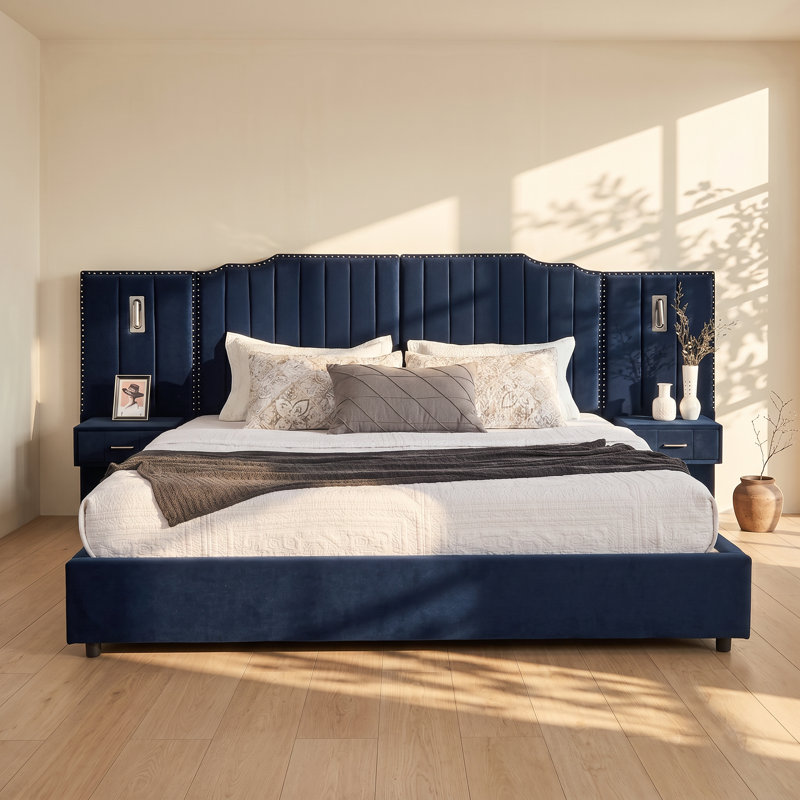 Aurelius 81" W x 81" D x 12" H Button-Tufted Velvet King Upholstered Platform Bed with Integrated Nightstand and Lamps