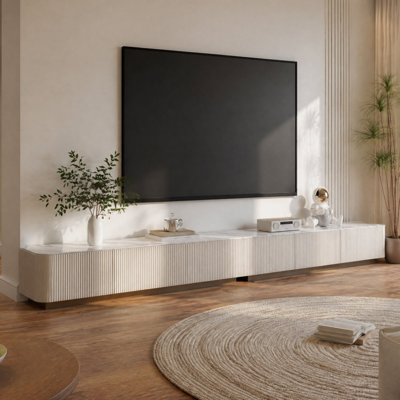 Armoire de rangement pour téléviseur en bois et marbre 142 po à 6 tiroirs 142 po, 142", Beige