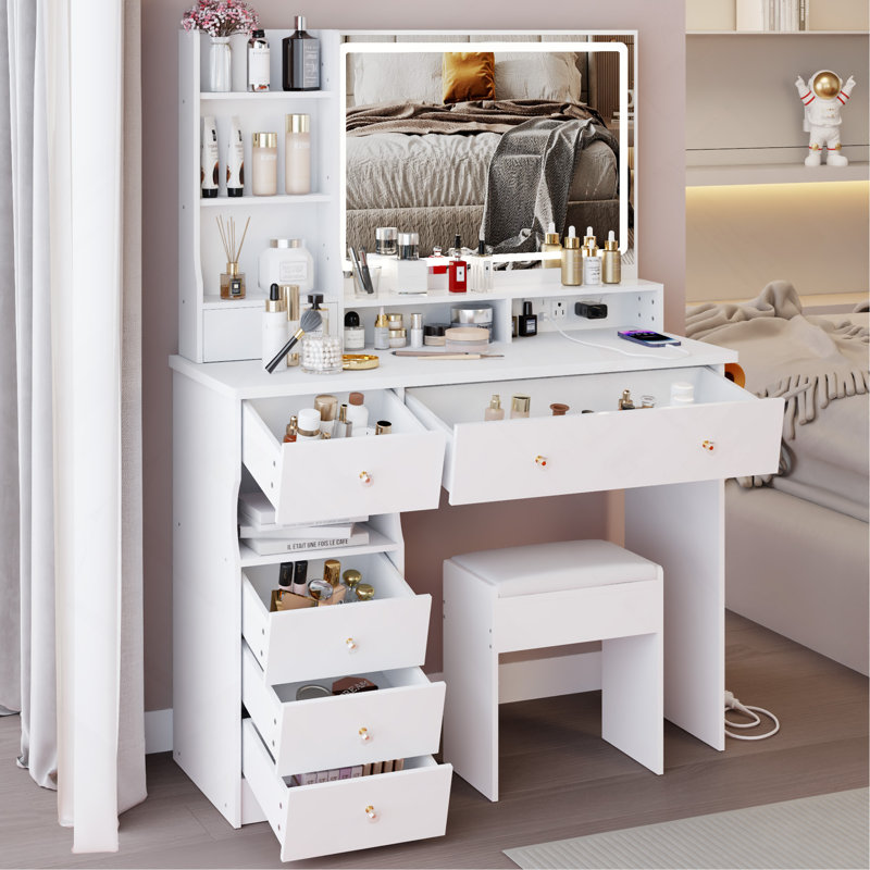 41" Large Size Left Drawer Desktop Vanity Table With Cushioned Stool Dresser Set,2 AC Outlets And 2 USB Ports Power Station,Hair Dryer Stand,Extra-Large Touch-Control Led Mirror,3-Switching