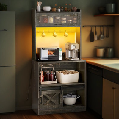 5-Tier Bakers Rack With Power Outlet And Led Lights, Heavy Duty Microwave Stand With Storage Cabinet And Hooks For Kitchen, Dining Room, Or Living Room