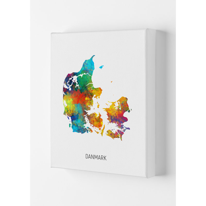 Danmark Watercolour Map by Michael Tompsett - Print, Wrapped Canvas, 84cm H x 59.4cm W x 4cm D