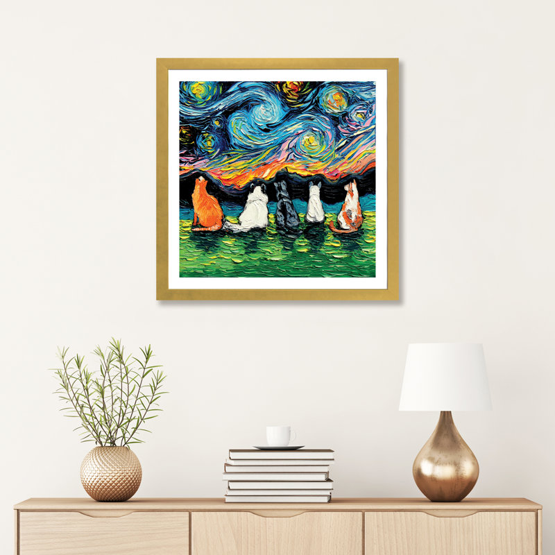 «Starry Cats» par Aja Trêves - reproduction d'art sur, H 16 po x l 16 po x P 1 po, Papier encadré doré