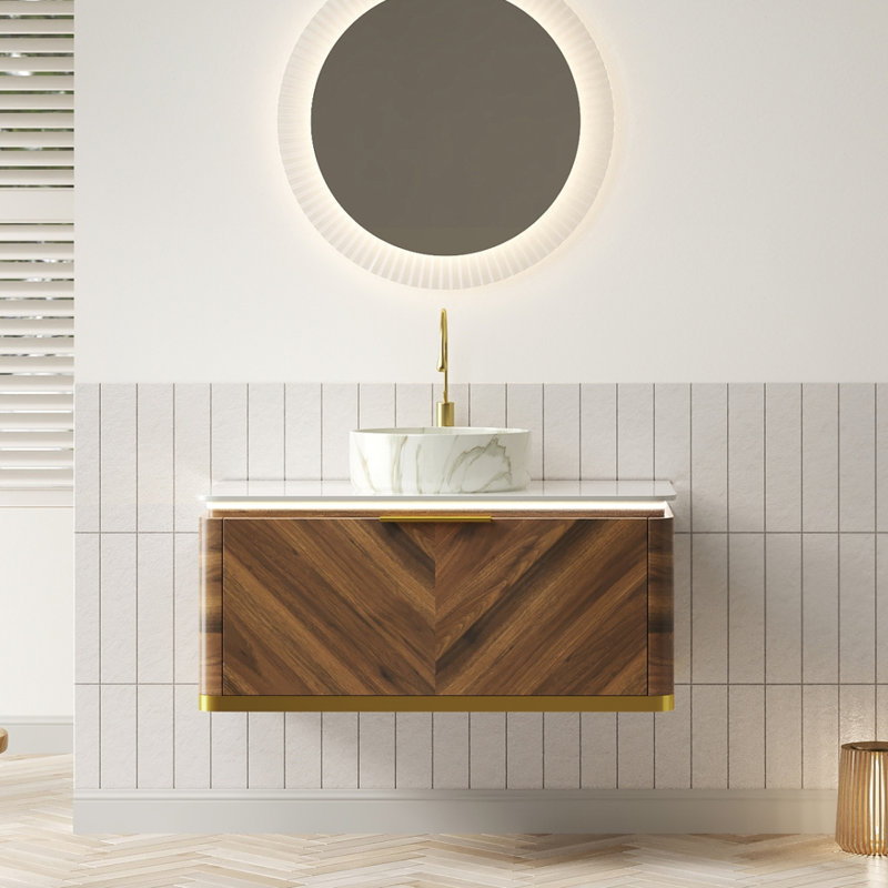 Meuble-lavabo de salle de bain 36 po DIPA, meuble de rangement flottant en contreplaqué avec capteur de lumière, tiroir, vasque ronde en céramique blanche à motif de pierre et plateau en pierre frittée, pré-assemblé, couleur grain de bois noyer foncé