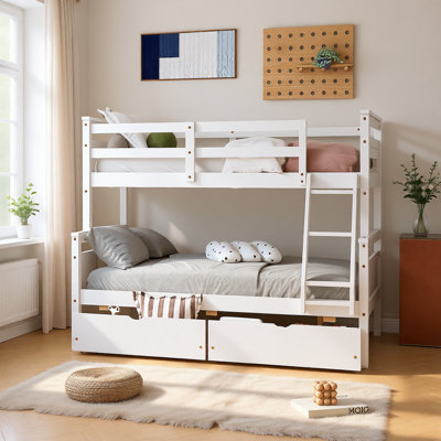 Twin Over Full Bunk Bed with Ladder and Two Storage Drawers, Convertible Solid Wood Frame with Safety Guardrails by Harriet Bee