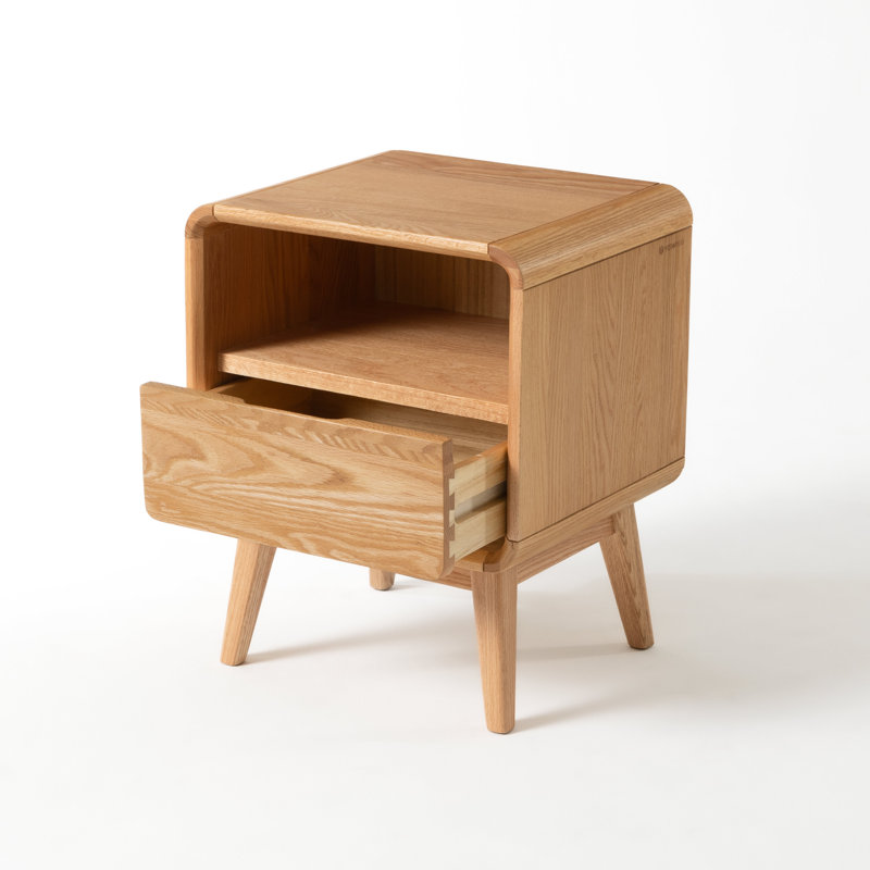 Table de chevet compacte en bois massif H 20,5 "avec tiroir et tablette ouverte MCM, Chêne, Individuel