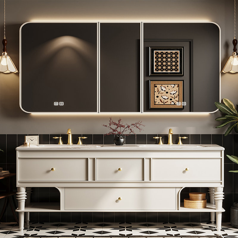 Armoire de salle de bain rétro de style français., H 33,46 po x l 66,93 po x P 21,65 po, Blanc cassé / blanc