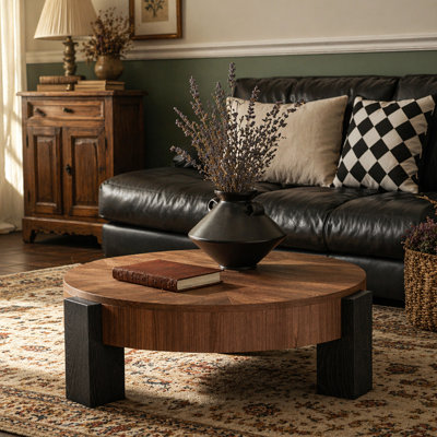 33'' Round Coffee Table with Hidden Storage, Modern Wabi-Sabi Wood Parquet Veneer Top Table, 3 Block Legs Sturdy Center Accent Table for Living Room,  Small Space, Walnut & Black