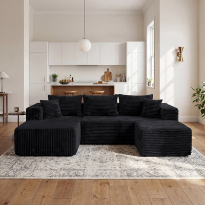 U-Shaped Modular Sectional Sofa, Flannel Upholstered Couch with Ottoman and Pocket Springs, Compression Roll-Pack Sectional Sofa with 5 Pillows No Assembly Required, Black