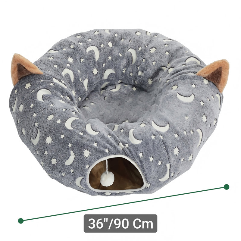 Lit tunnel pliable pour chat sous l'arbre de Noël 3 pi, motif étoile de lune, flanelle auto-lumineuse, avec peluche et tissu froissé, pour grands chats et chatons