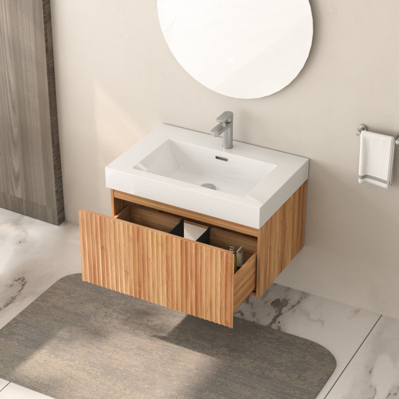 Meuble-lavabo mural de 30 po avec lavabo intégré, couleur bois, conception minimaliste pour les salles de bain compactes, espace, contreplaqué, poignées biseautées, tracas de quincaillerie Easy Diy - Manuel d'assemblage