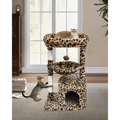 Arbre à chat pour chats d'intérieur, tour de chat avec poteau à griffer, maison de chat moderne avec perchoir rembourré, maisonnette pour chatons avec berceau, imprimé léopard