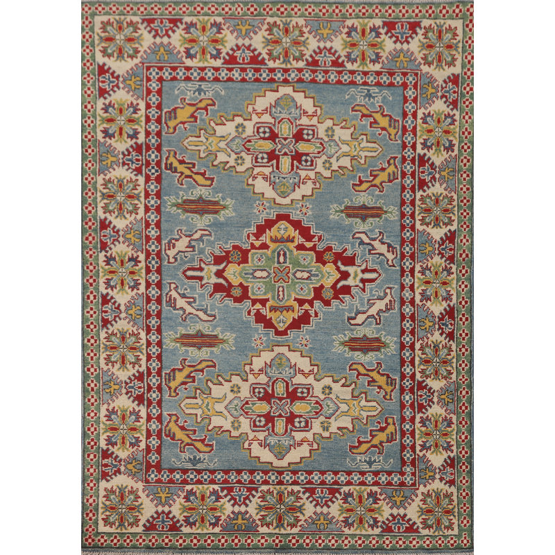 Tapis bleu clair à motif géométrique Kazak
