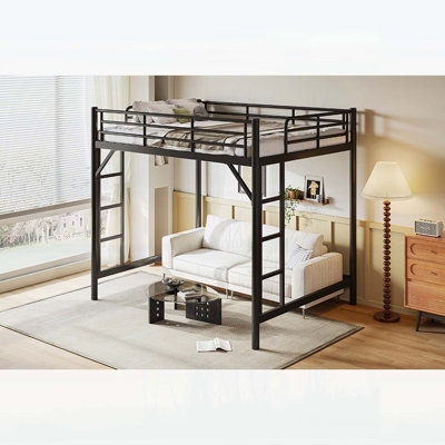 Sturdy Queen Size Metal Loft Bed with Easy Climbing Ladder and Guardrails, Space-Saving Design for Modern Bedrooms