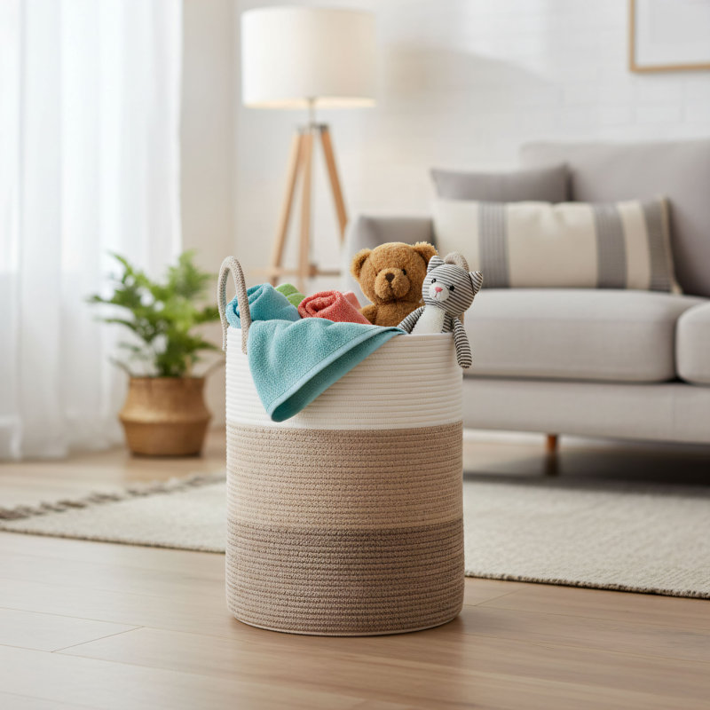 High-Quality, Stylish Cotton Rope Woven Laundry Basket, 60L Large Capacity, Suitable For Bathroom, Bedroom, Living Room, Dirty Clothes, Toys, Blankets, And Decorative Storage.