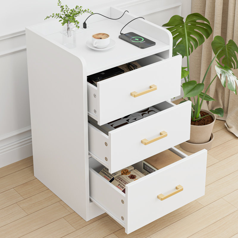 Bettylee 3-Drawer Nightstand with Charging Station, White, Individual