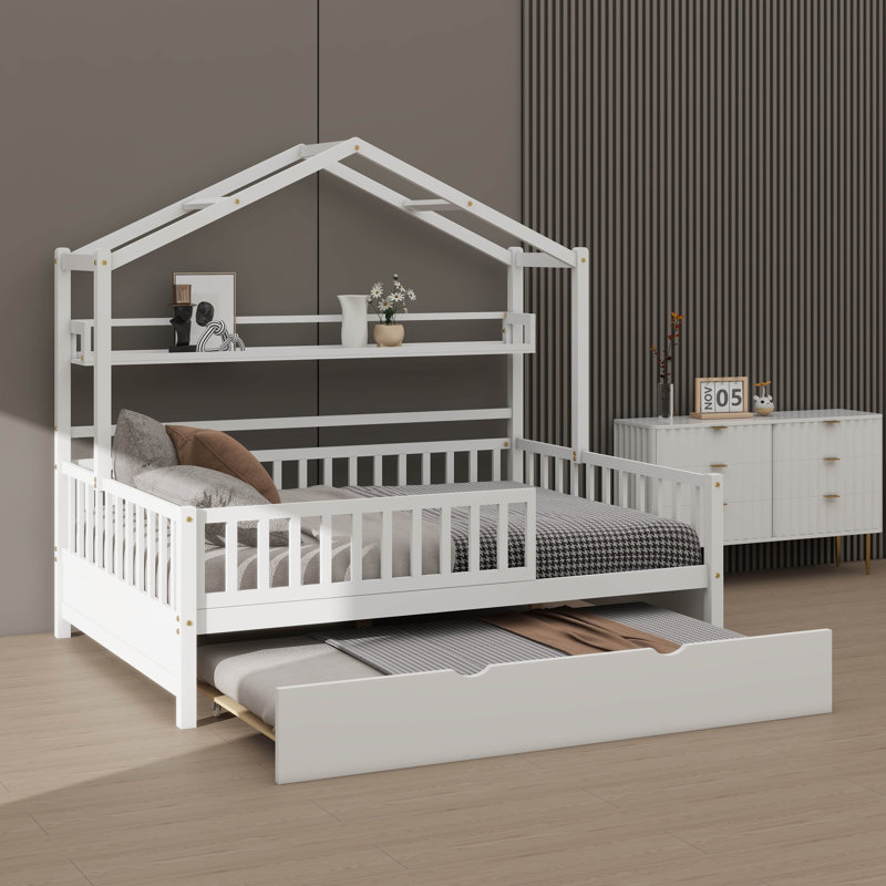 Lit pour enfant en bois de style maison avec lit gigogne et tablette intégrée, Double
