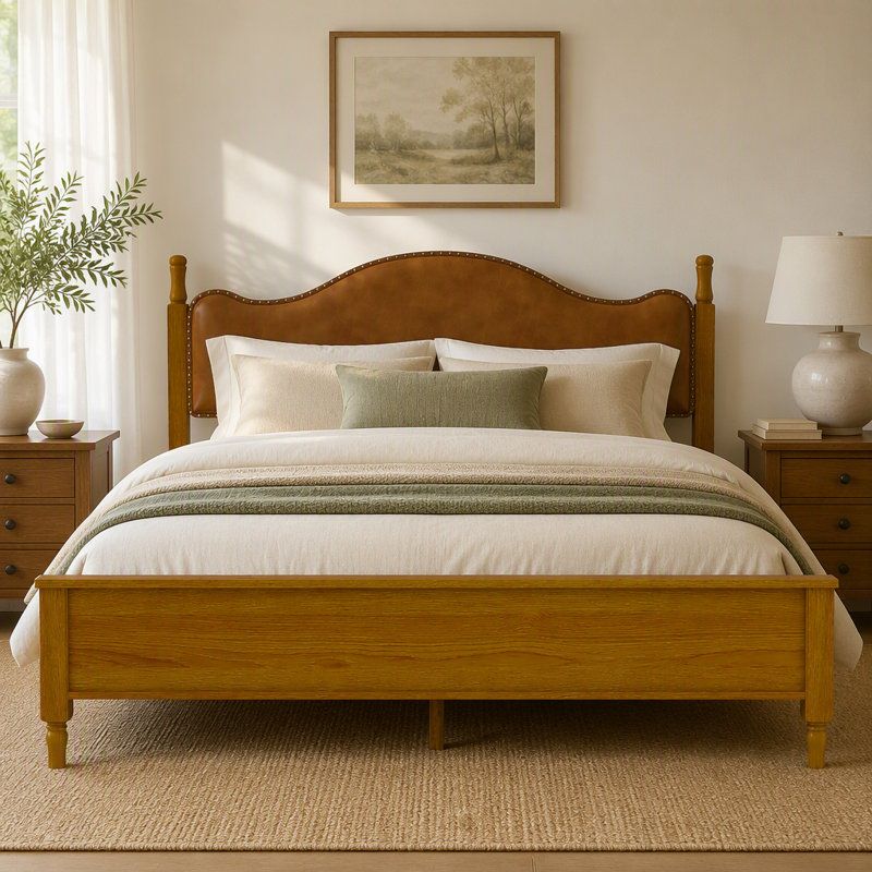 Lit plateforme très grand en bois avec tête de lit tapissier, Brun