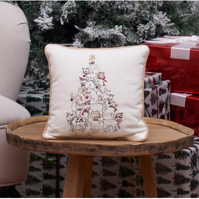 Cat Tree Embroidered Christmas Holiday Throw Pillow