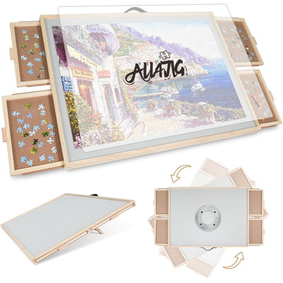 1500 Pieces 2-in-1 Tilting & Rotating Puzzle Board for Adults Gifts, Wooden Jigsaw Puzzle Table with 4 Drawers, Portable Board with Lazy Susan and Cover, 25.2" x 34.2"