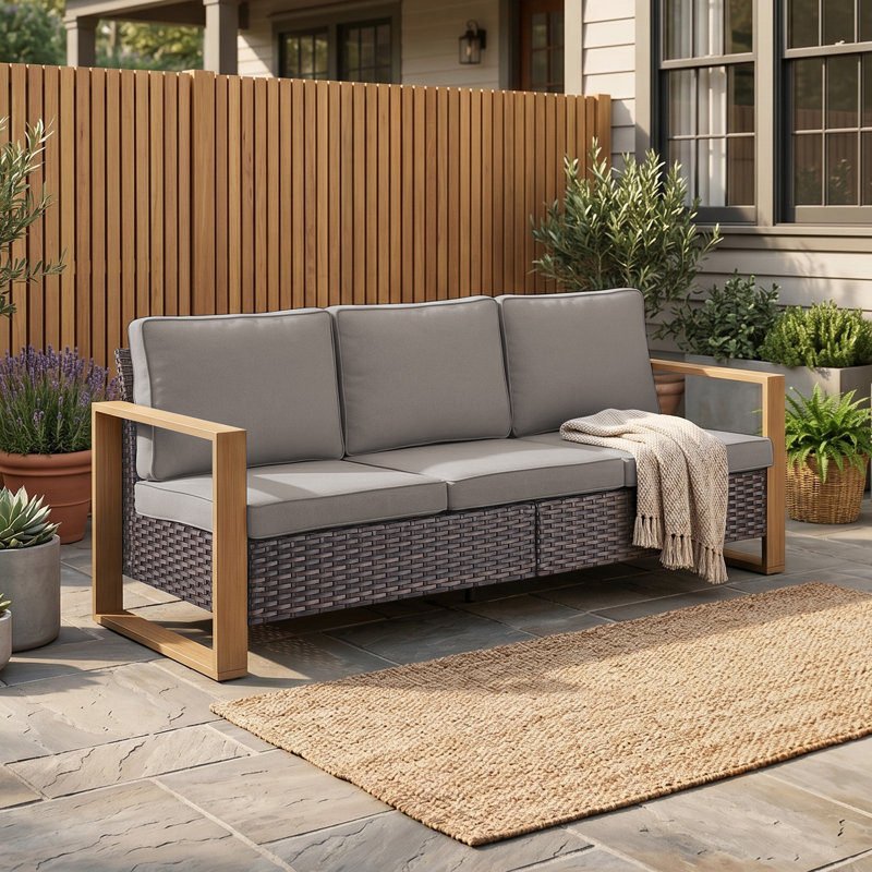 Allcot Patio Outdoor PE Wicker Sofa With Cushions, Gris, Brun