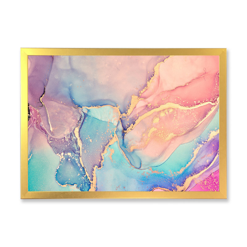 Art liquide rose et bleu II - reproduction sur toile, H 34 po x l 44 po, Encadrement doré