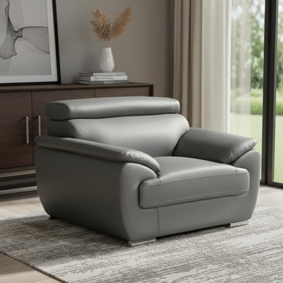  Chaise et demi en cuir véritable gris avec accents argentés