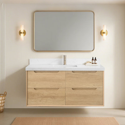 Armoire de salle de bain murale avec meuble-lavabo flottant en chêne naturel