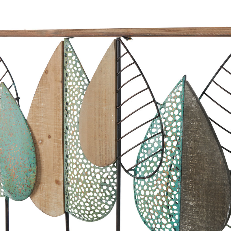 Wood Cutout Leaf Home Wall Decor with Green and Black Metal Wire Accents
