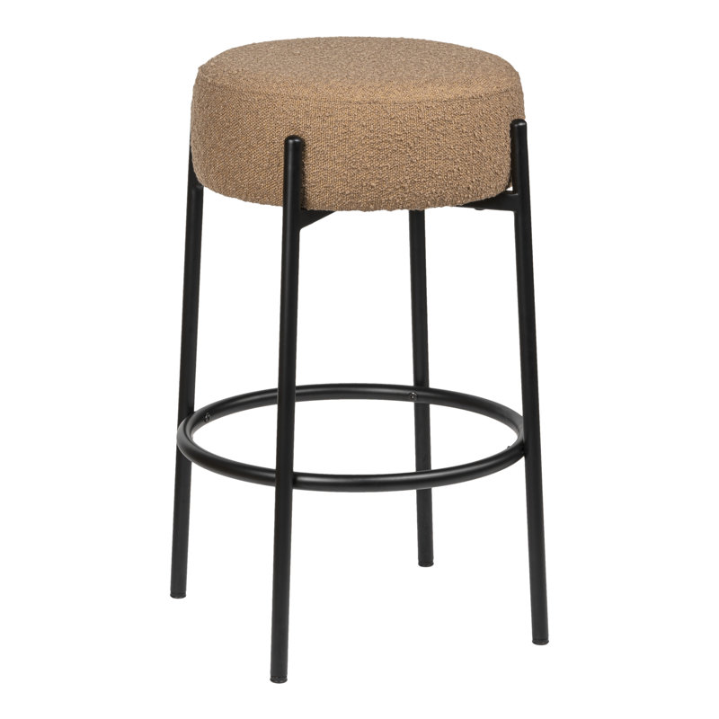Paola 25.5" Industrial Round Backless Counter Stool, Brown Bouclé Seat and Black Metal Frame for Kitchen Island or Home Bar