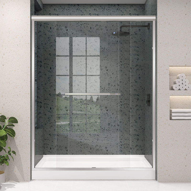 60" X 75" Shower Door Double Sliding Semi-Frameless With Brushed Nickel & Nano Anti-Fog Easy-Clean Tempered Glass fro Bathroom