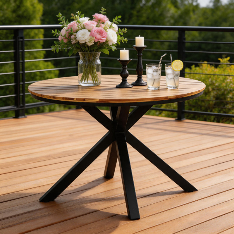 Table de salle à manger de patio / d'extérieur, plateau en teck et pieds en métal noir