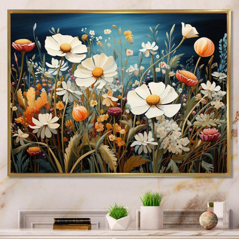 Symphonie florale blanche sur toile, Cadre flottant doré, H 12 po x l 20 po x P 1 po
