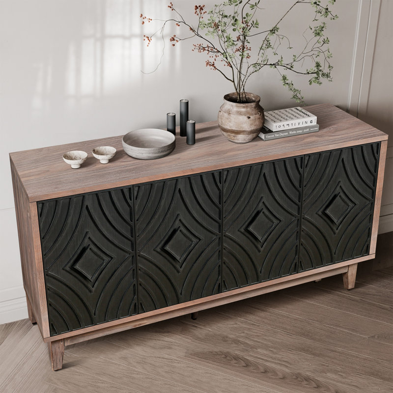Sideboard Buffet Cabinet Kitchen Storage Cabinet Credenza Accent Console Table With Solid Wood Legs And 4 Convex Pattern Diamond Doors